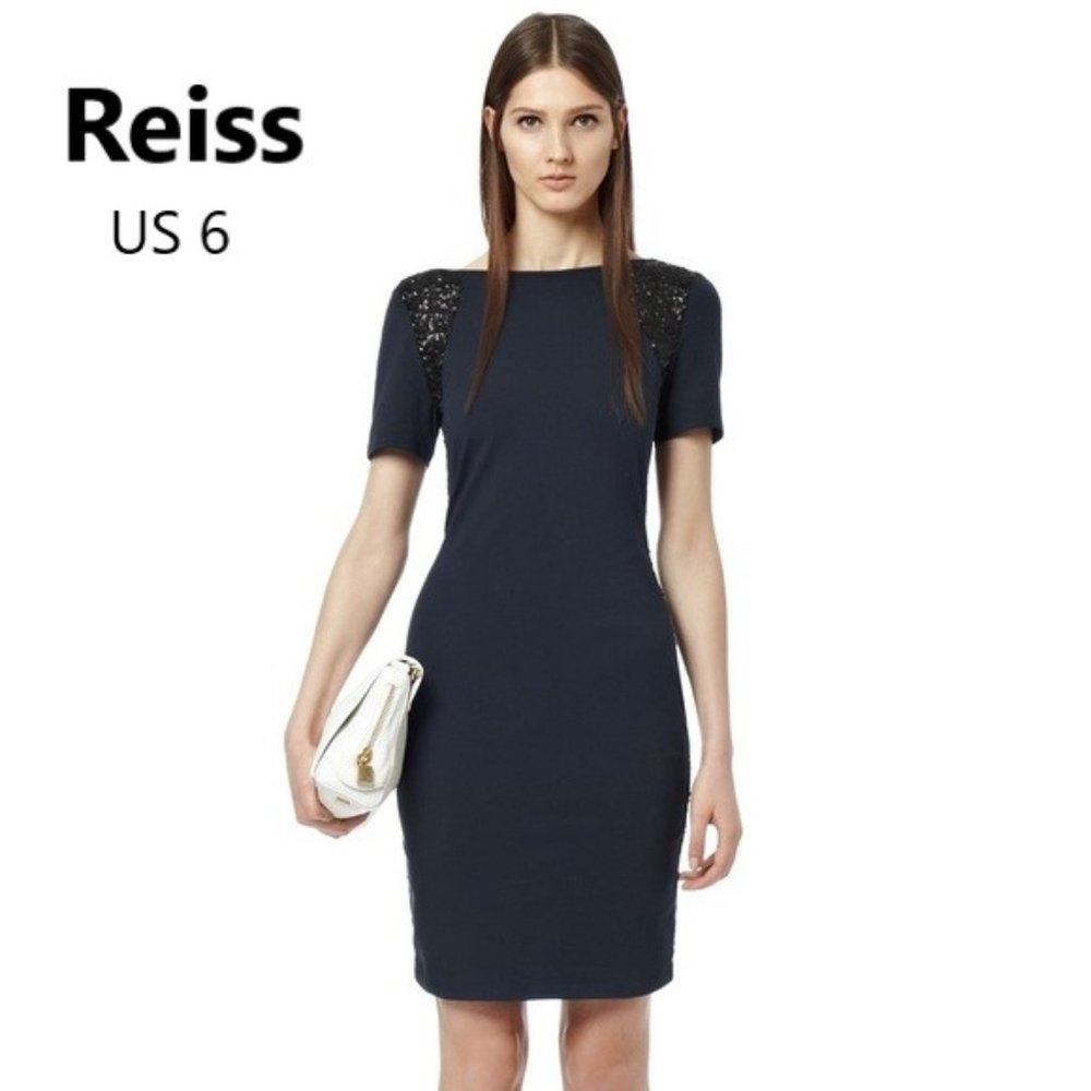 Reiss Sequin Bodycon Sheath Dress Navy  US 6